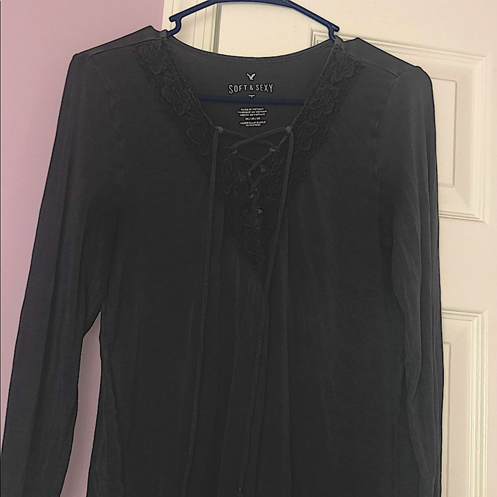 AE Soft & Sexy Long Sleeve Tie-Up Lace-Neck Tee